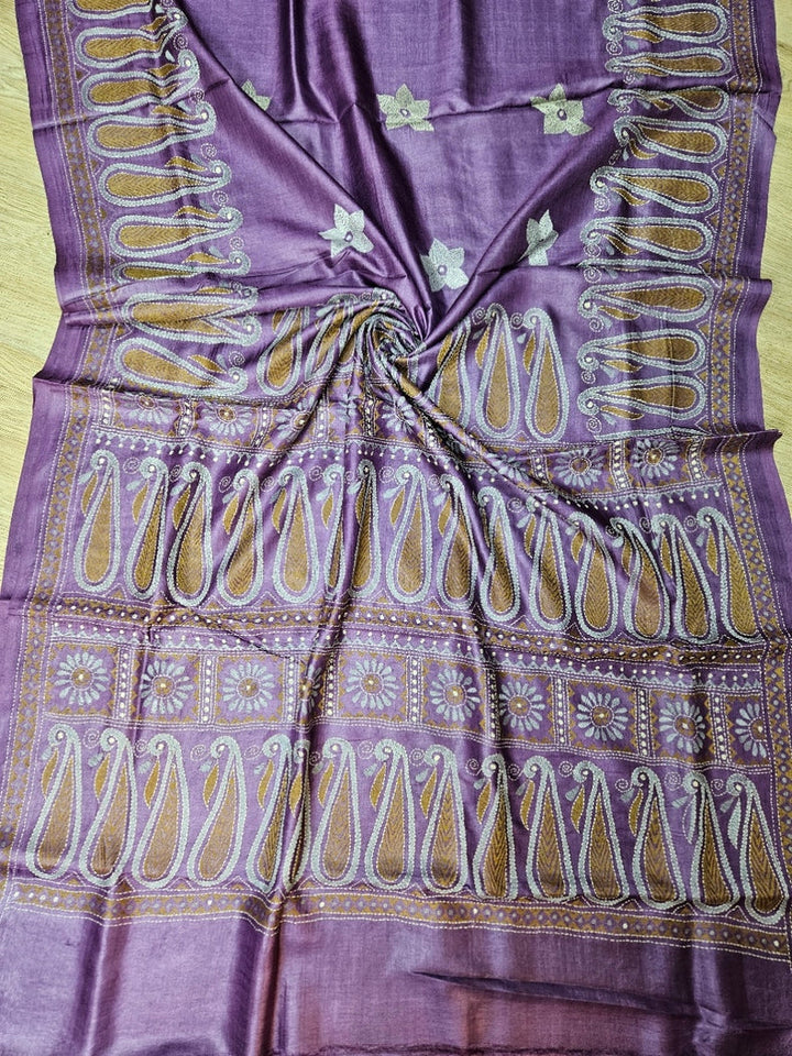 Balaram Saha's Violet & Mustard tussar Silk Kantha Stitch Saree Balaram Saha