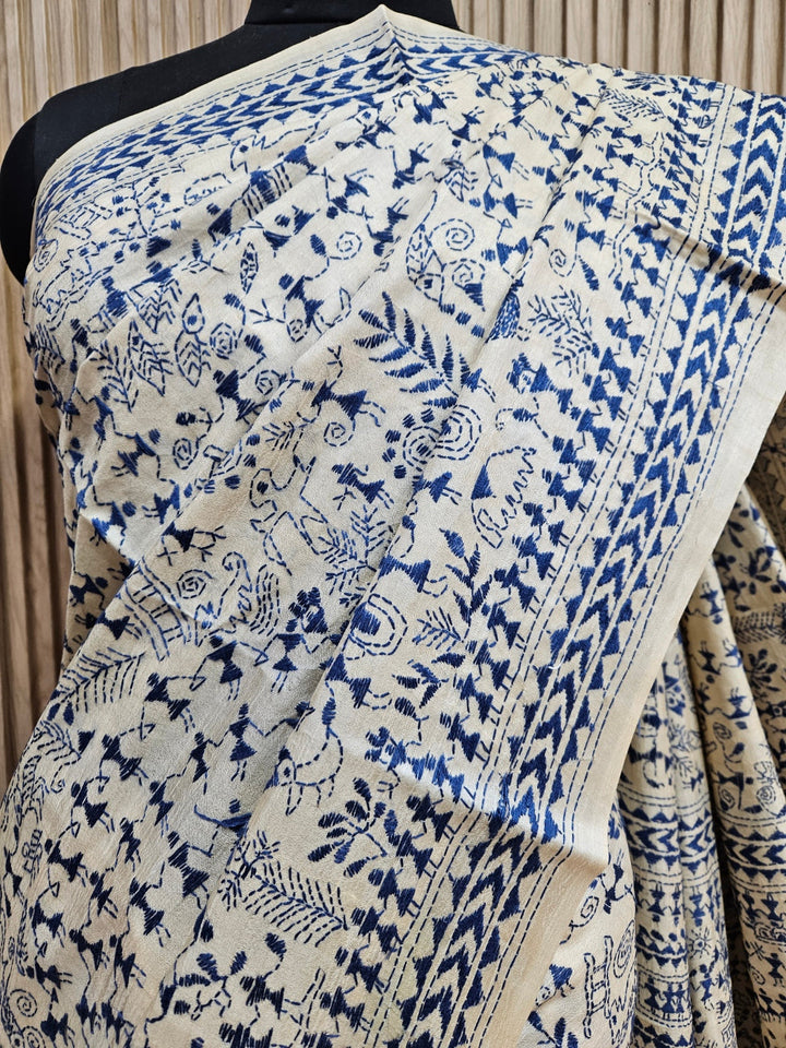 Exquisite Beige & Blue Pure Tussar Silk Saree with Intricate Kantha Stitch by Balaram Saha Balaram Saha