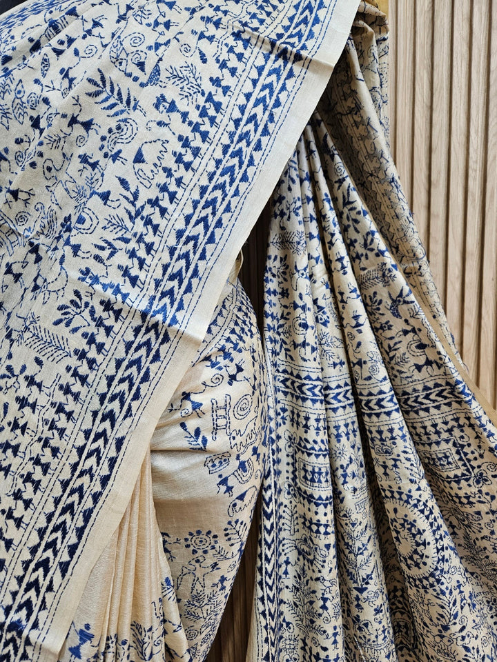 Exquisite Beige & Blue Pure Tussar Silk Saree with Intricate Kantha Stitch by Balaram Saha Balaram Saha