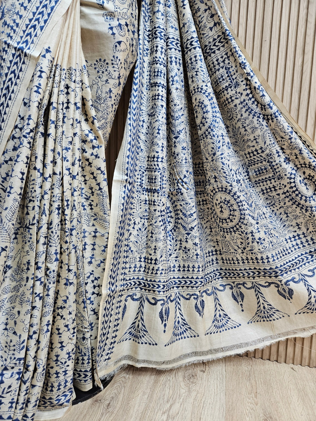 Exquisite Beige & Blue Pure Tussar Silk Saree with Intricate Kantha Stitch by Balaram Saha Balaram Saha
