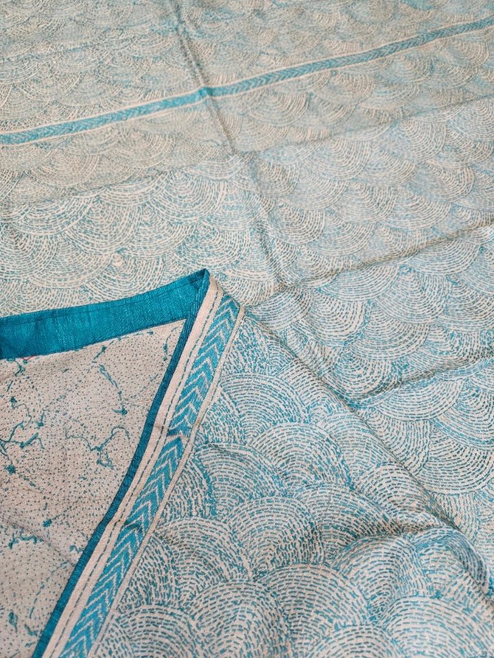 Cream & Teal Blue Tussar Silk Kantha Stitch Dupatta with Teal Border & Teal Pompom Tassels Balaram Saha