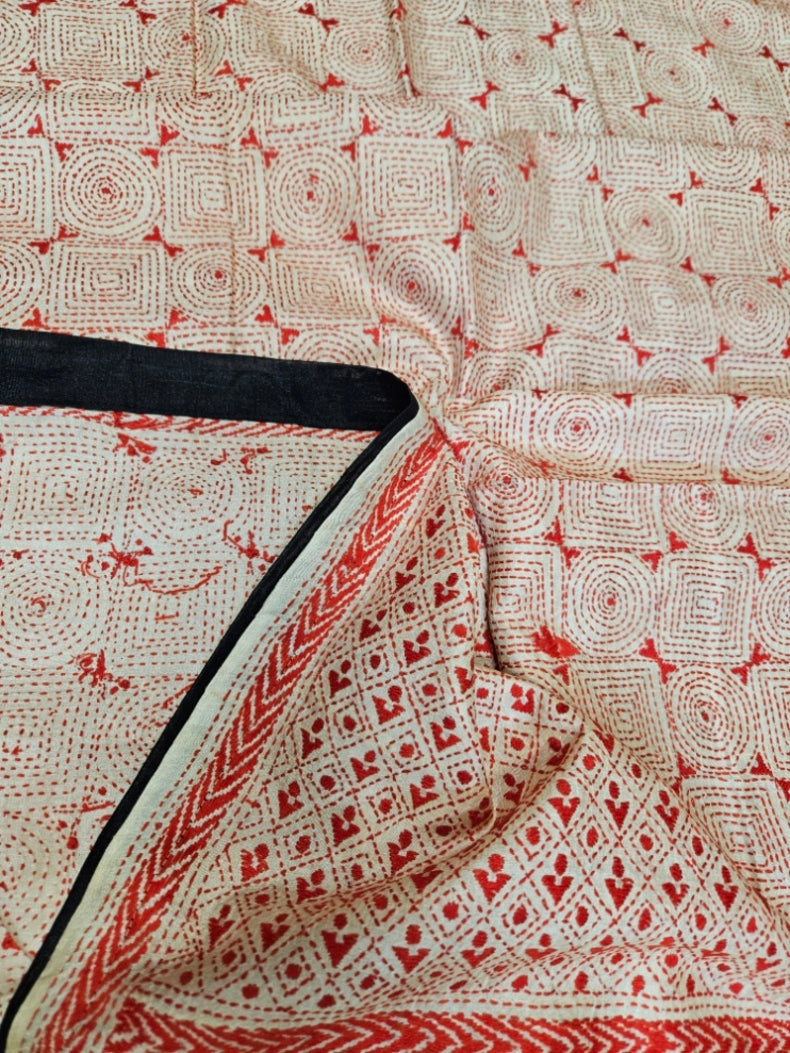Cream & Red Premium Tussar Silk Hand Stitch Kantha Dupatta with Black Pompoms Balaram Saha