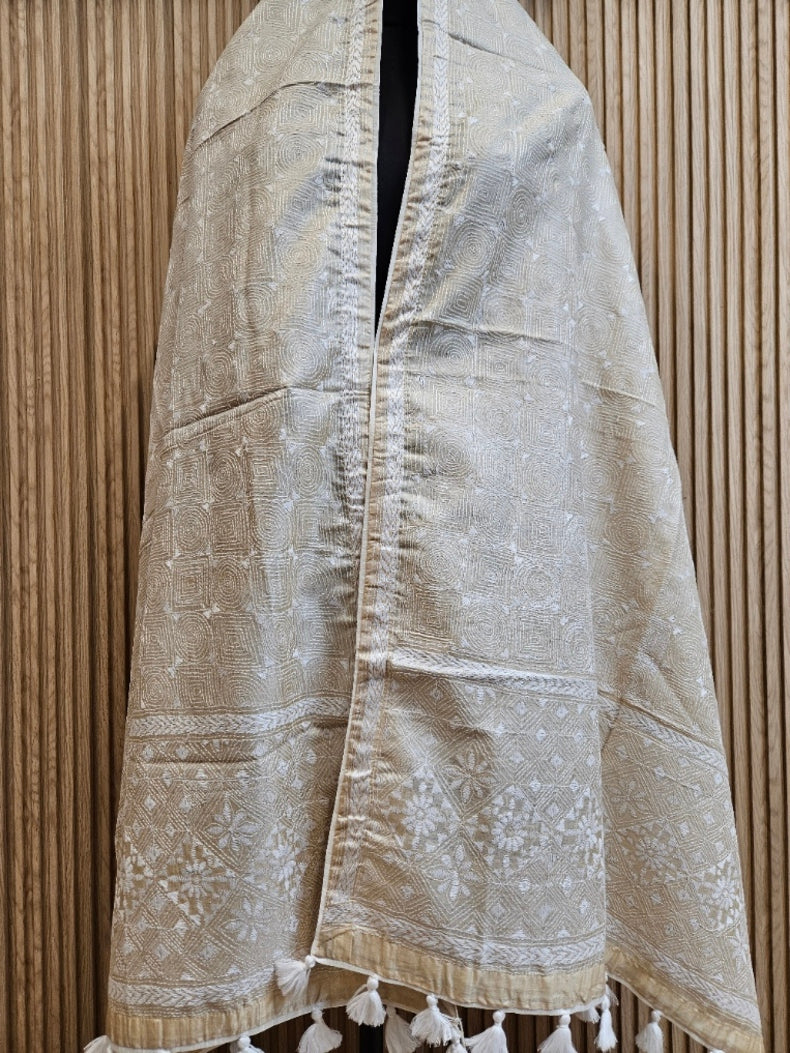 Beige & White Premium Tussar Silk Hand Kantha Stitch Dupatta with White Pompoms Balaram Saha