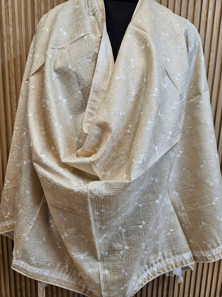Beige & White Premium Tussar Silk Hand Kantha Stitch Dupatta with White Pompoms Balaram Saha