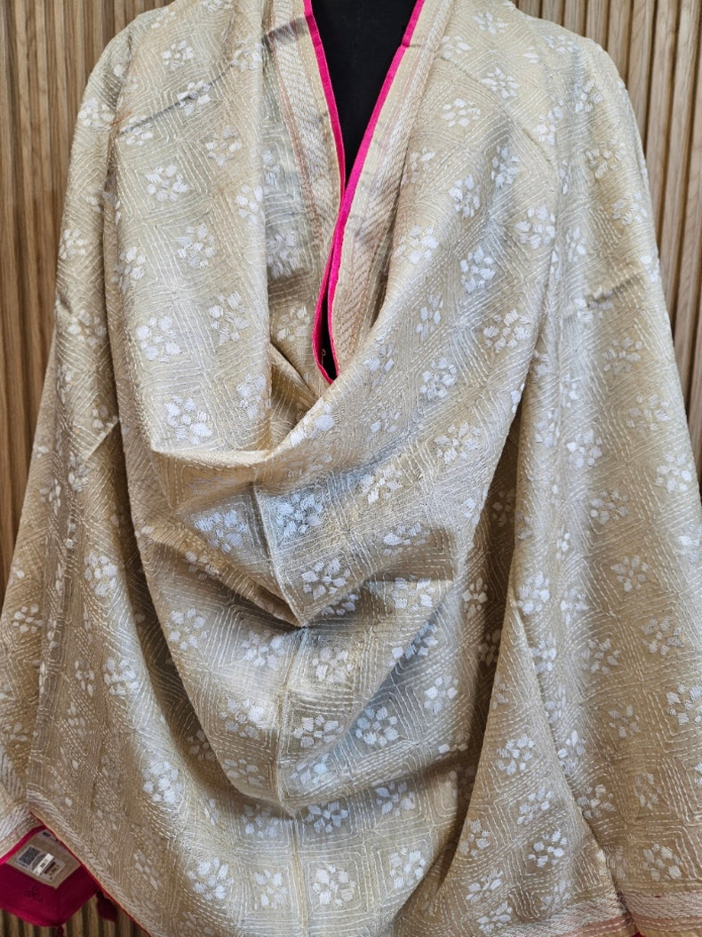 Beige & White Premium Tussar Silk Hand Kantha Stitch Dupatta with Pink Piping & Attached Balaram Saha