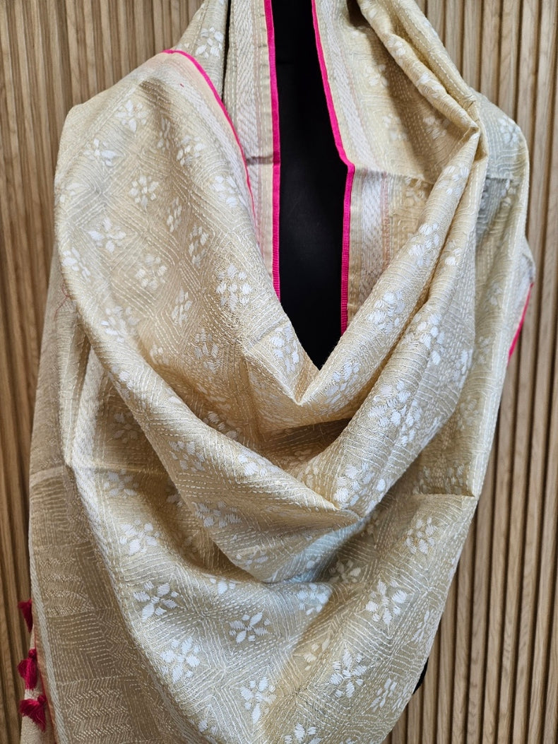 Beige & White Premium Tussar Silk Hand Kantha Stitch Dupatta with Pink Piping & Attached Balaram Saha