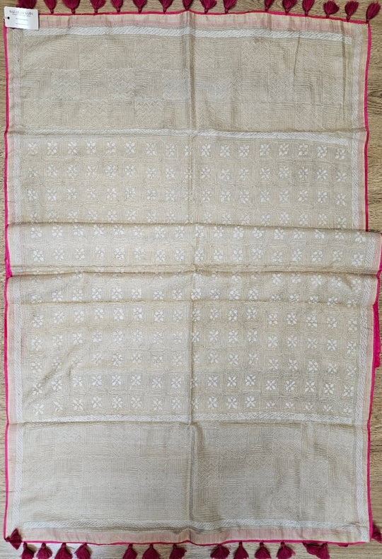 Beige & White Premium Tussar Silk Hand Kantha Stitch Dupatta with Pink Piping & Attached Balaram Saha