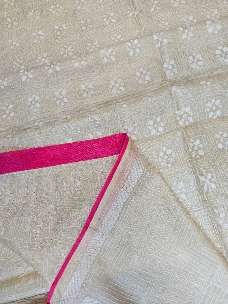 Beige & White Premium Tussar Silk Hand Kantha Stitch Dupatta with Pink Piping & Attached Balaram Saha