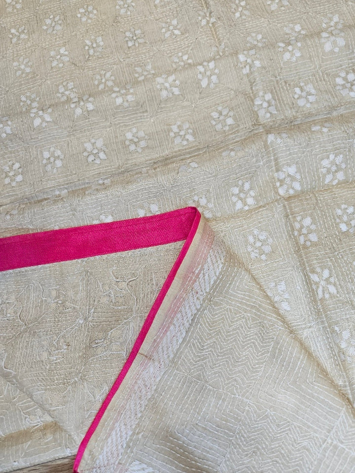 Beige & White Premium Tussar Silk Hand Kantha Stitch Dupatta with Pink Piping & Attached Balaram Saha