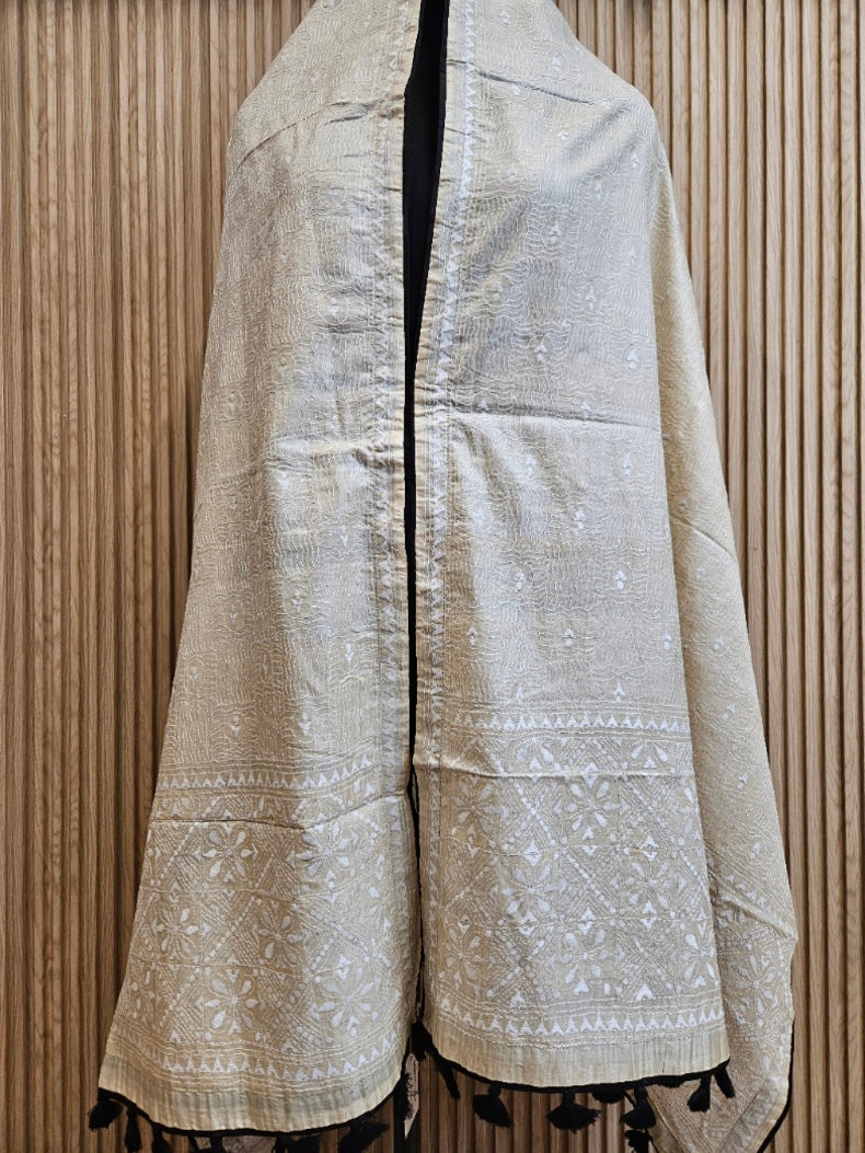 Beige & White Premium Tussar Silk Hand Kantha Stitch Dupatta with Black Pompoms Balaram Saha