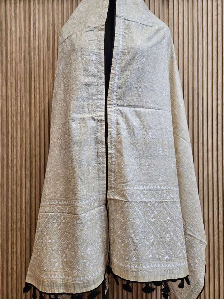 Beige & White Premium Tussar Silk Hand Kantha Stitch Dupatta with Black Pompoms Balaram Saha