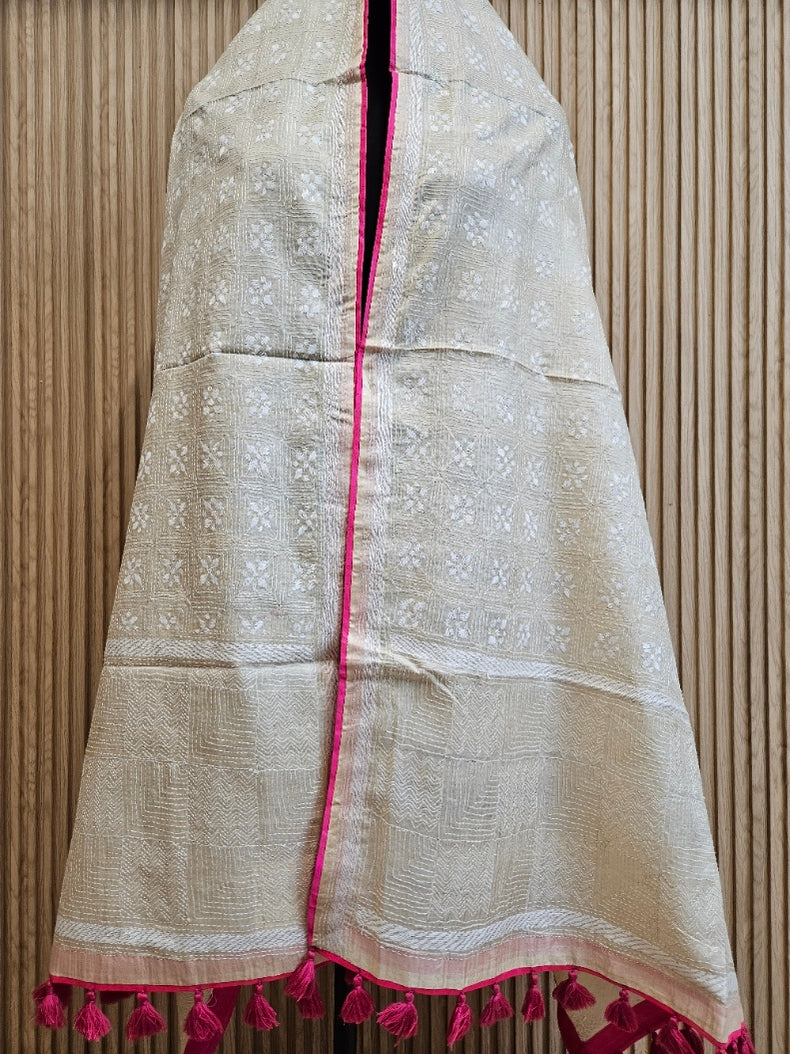 Beige & White Premium Tussar Silk Hand Kantha Stitch Dupatta with Pink Piping & Attached Balaram Saha