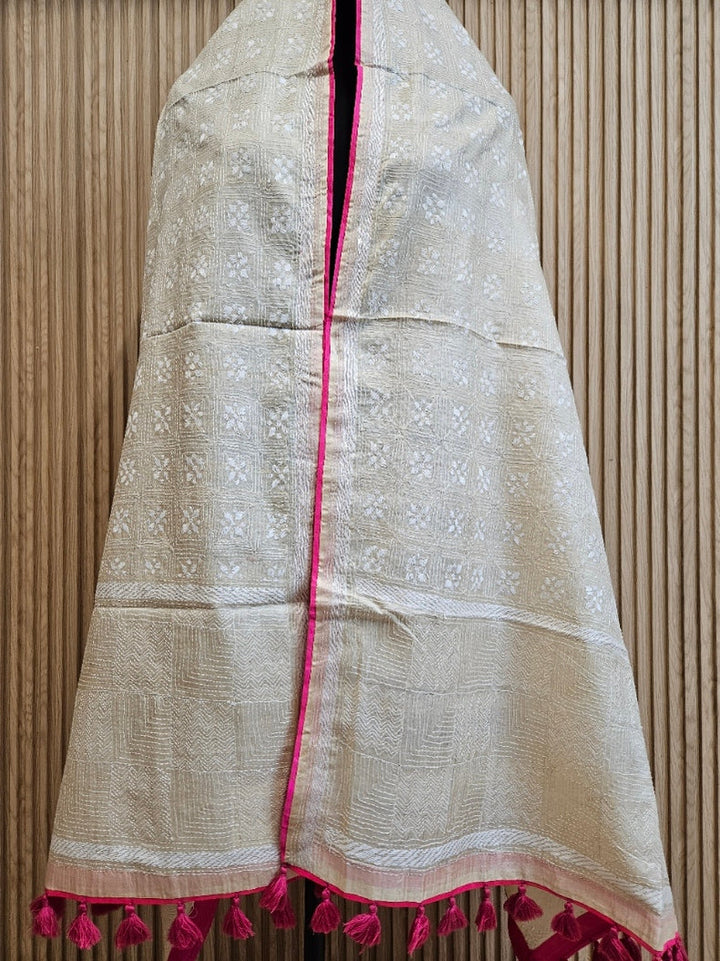 Beige & White Premium Tussar Silk Hand Kantha Stitch Dupatta with Pink Piping & Attached Balaram Saha