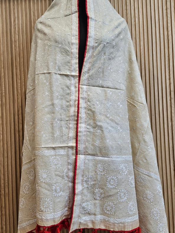 Cream & Red  Tussar Silk HandStitch Kantha Dupatta with  Red Piping & Red Pompom Tassels Balaram Saha