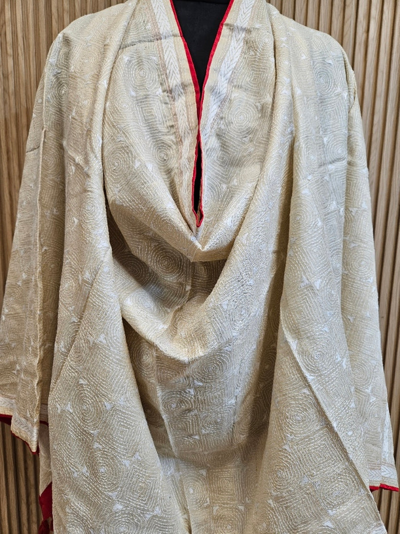 Cream & Red  Tussar Silk HandStitch Kantha Dupatta with  Red Piping & Red Pompom Tassels Balaram Saha
