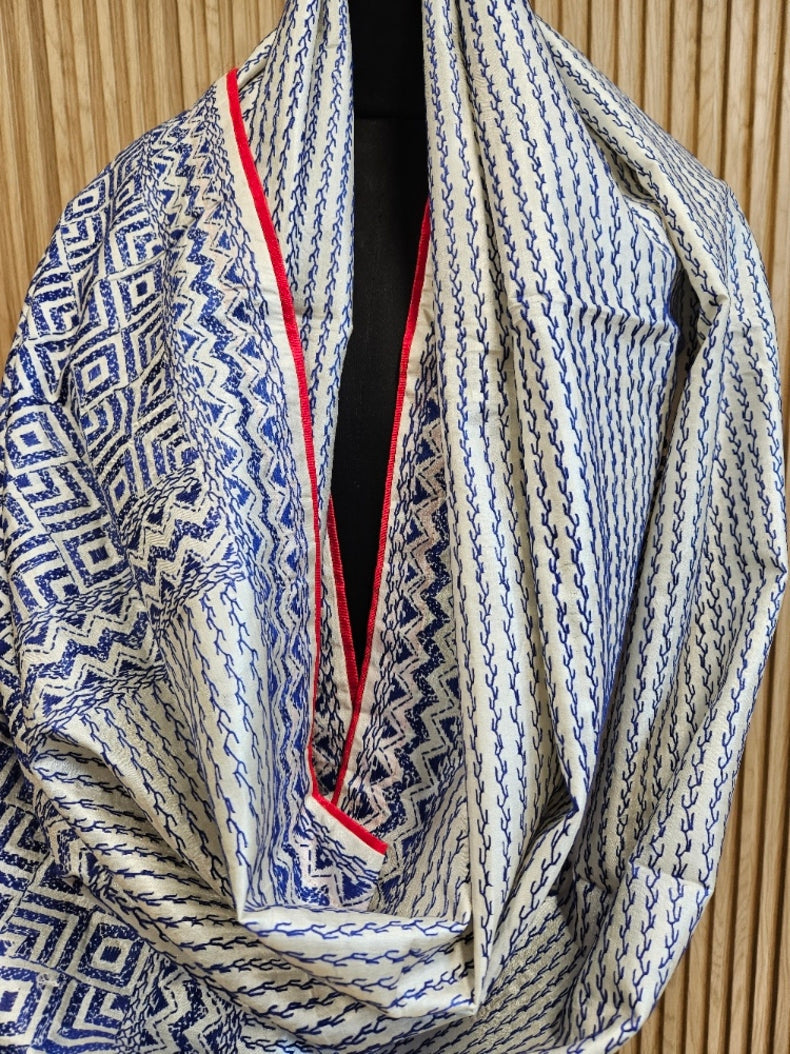 Off-White & Blue Tussar Silk Kantha Stitch Dupatta with  Red Piping & Red Pompom Tassels Balaram Saha