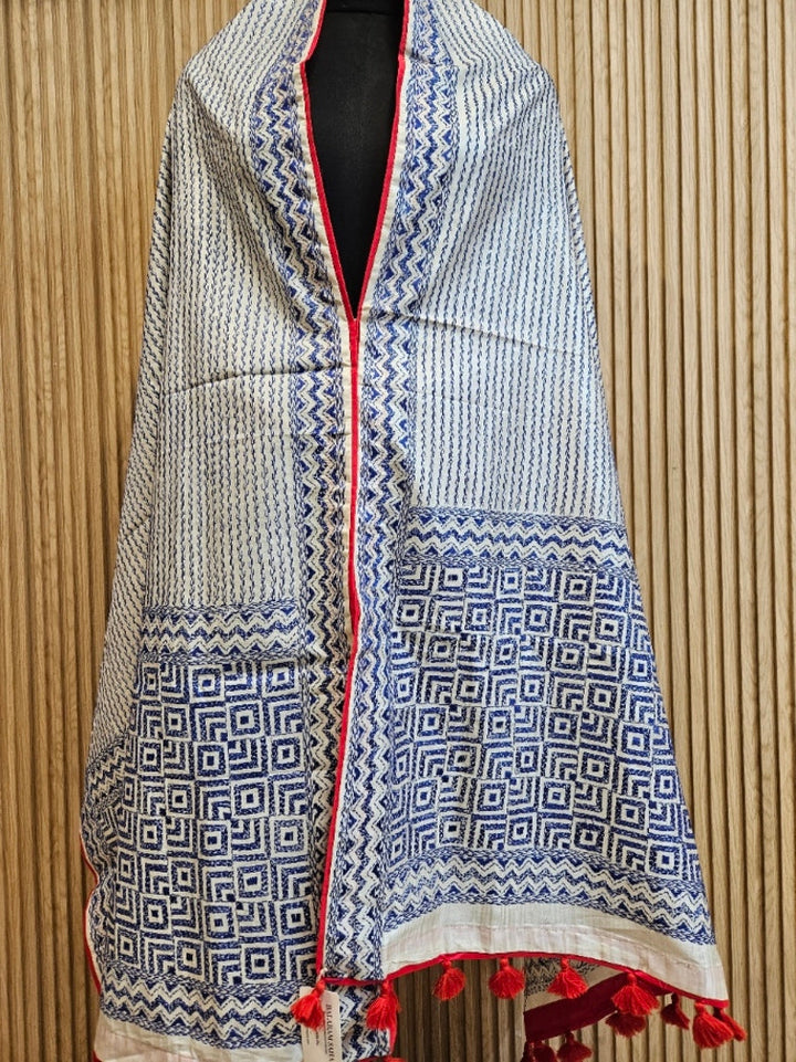 Off-White & Blue Tussar Silk Kantha Stitch Dupatta with  Red Piping & Red Pompom Tassels Balaram Saha