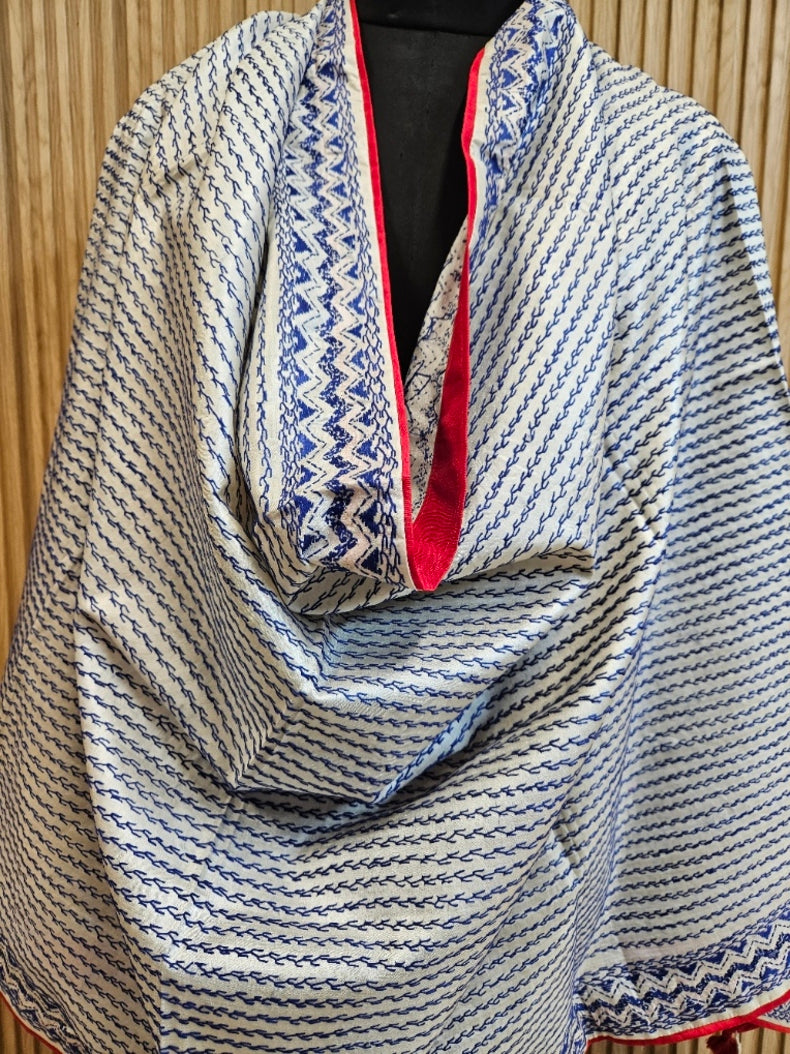 Off-White & Blue Tussar Silk Kantha Stitch Dupatta with  Red Piping & Red Pompom Tassels Balaram Saha