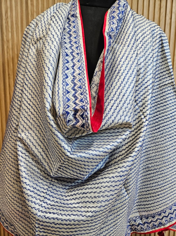 Off-White & Blue Tussar Silk Kantha Stitch Dupatta with  Red Piping & Red Pompom Tassels Balaram Saha