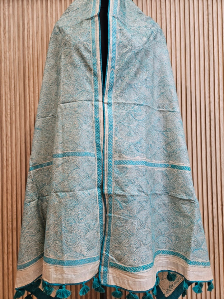 Cream & Teal Blue Tussar Silk Kantha Stitch Dupatta with Teal Border & Teal Pompom Tassels Balaram Saha