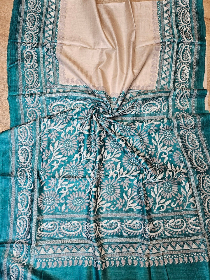 Balaram Saha: Luxury Meets Tradition - Cream & Green Pure Tussar Silk Saree with Kantha Embroidery Balaram Saha
