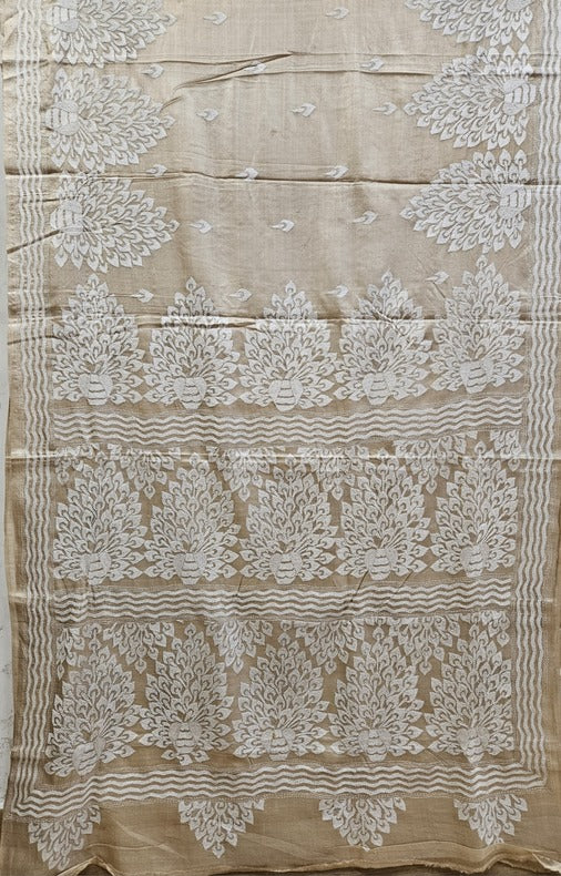 Cream & White Handloom Tussar with Kantha Charm By Balaram Saha Balaram Saha