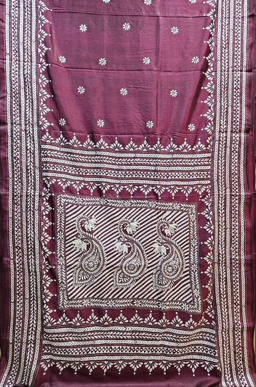 Balaram Saha's Fishing : Maroon & White Handstitch Kantha Tussar Silk Saree Balaram Saha