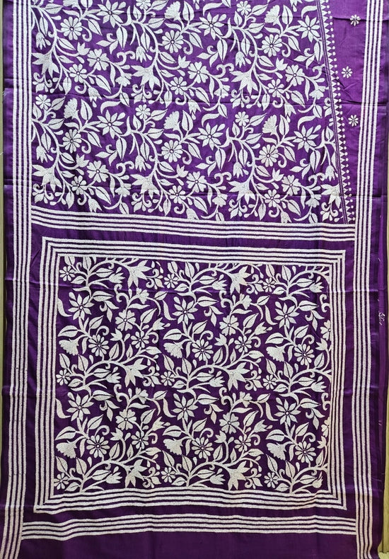 Yellow & Blue Handstitched Kantha Silk Saree with Intricate Nakshi by Balaram Saha Balaram Saha