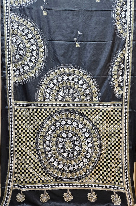 Balaram Saha: Exquisite Craftsmanship - Pure Handloom Katan Silk Handstitch Kantha Saree Balaram Saha