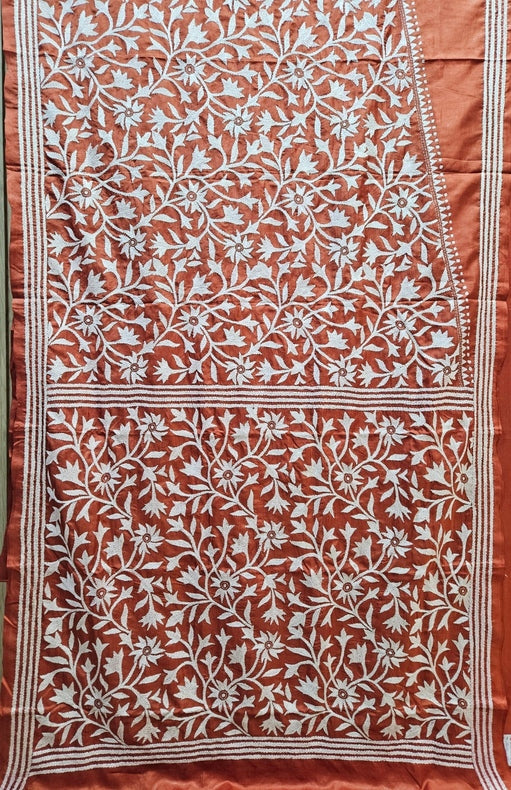 Green & Beige Handstitched Kantha Silk Saree with Floral & Paisley Motifs by Balaram Saha Balaram Saha