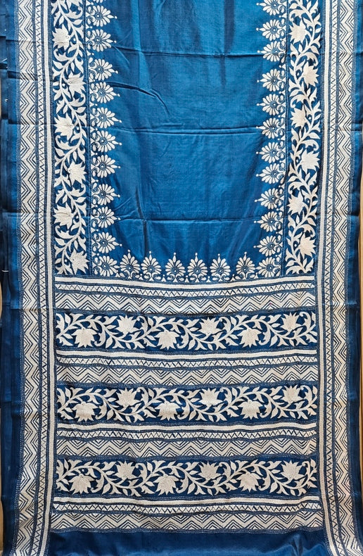 Balaram Saha: Luxury Meets Tradition - Blue & White Pure Silk Saree with Kantha Embroidery Balaram Saha