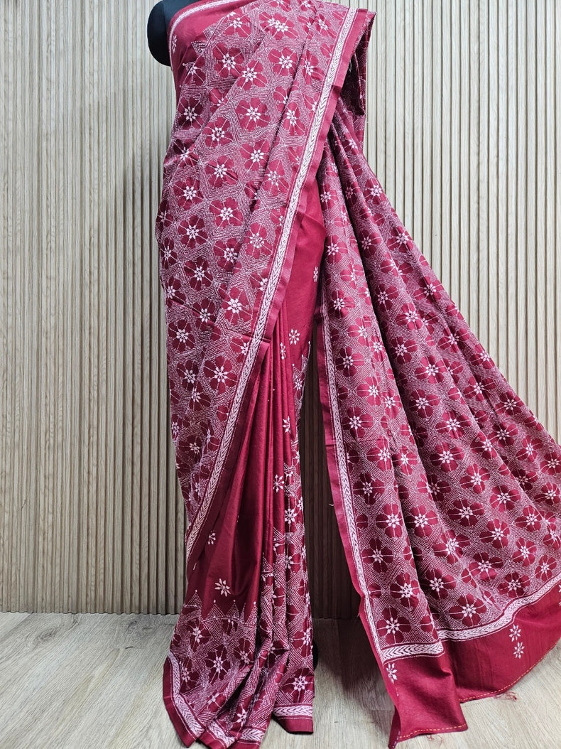 Balaram Saha Beige & White Beauty: Pure Silk Handstitch Kantha Saree Balaram Saha