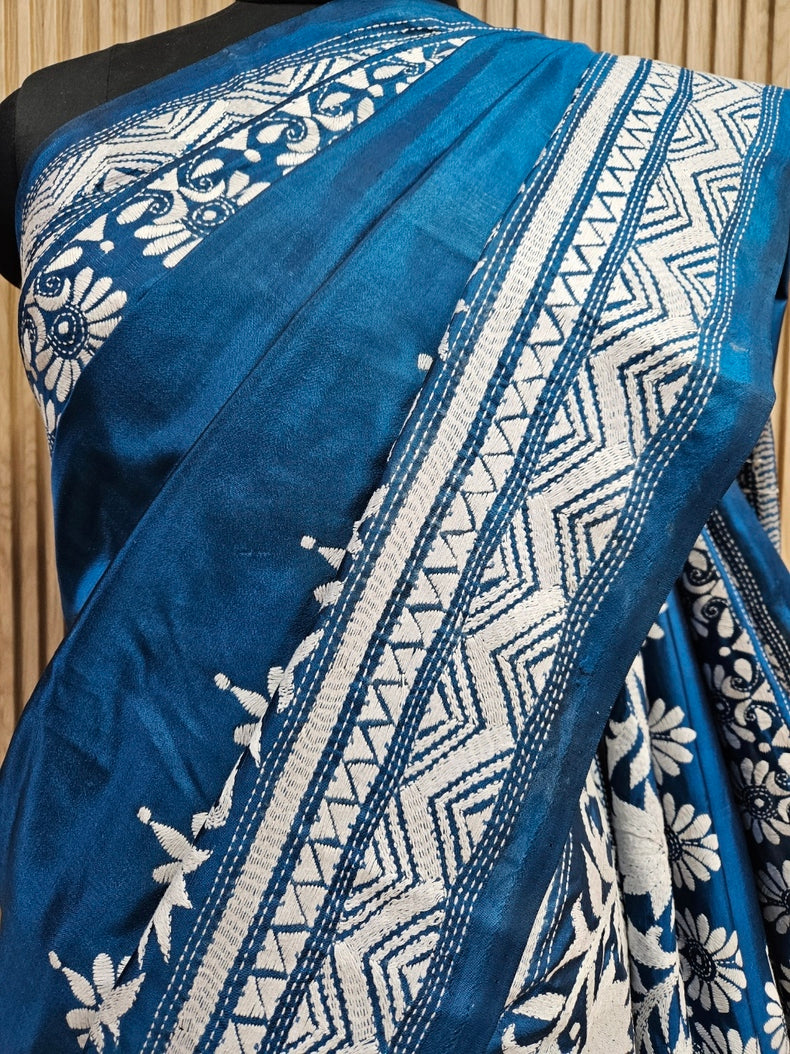 Balaram Saha: Luxury Meets Tradition - Blue & White Pure Silk Saree with Kantha Embroidery Balaram Saha
