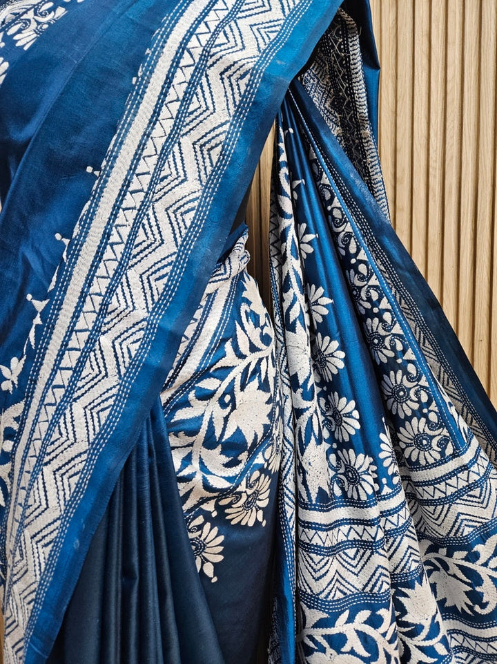 Balaram Saha: Luxury Meets Tradition - Blue & White Pure Silk Saree with Kantha Embroidery Balaram Saha