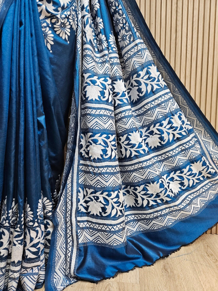 Balaram Saha: Luxury Meets Tradition - Blue & White Pure Silk Saree with Kantha Embroidery Balaram Saha