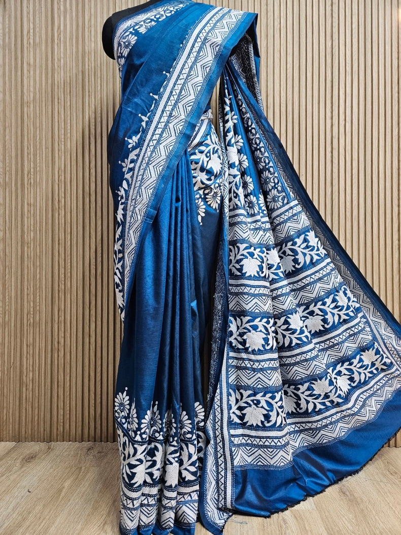 Balaram Saha: Luxury Meets Tradition - Blue & White Pure Silk Saree with Kantha Embroidery Balaram Saha