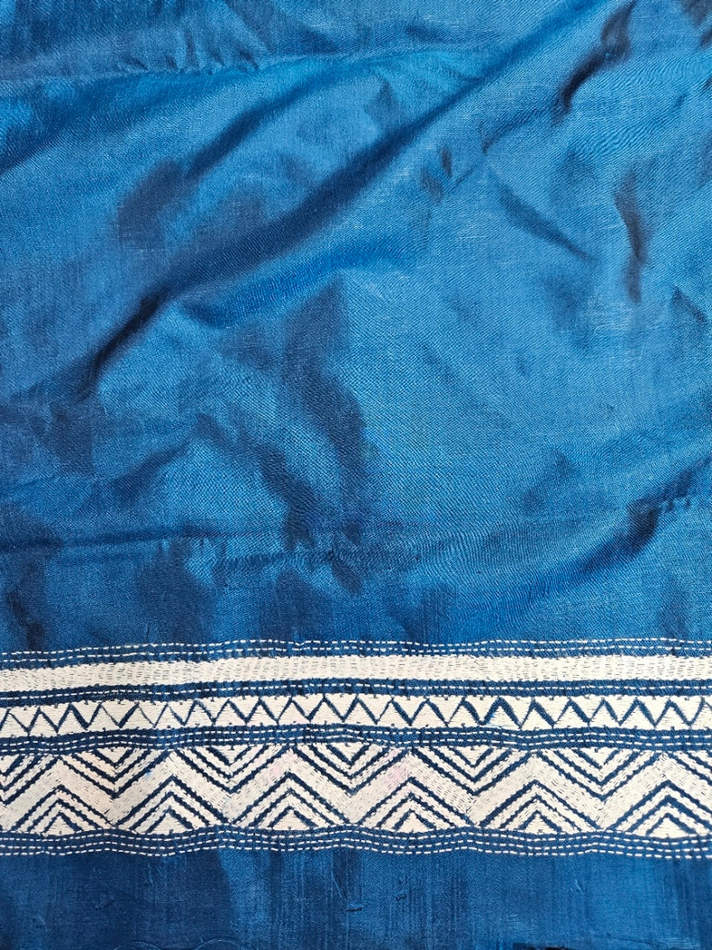 Balaram Saha: Luxury Meets Tradition - Blue & White Pure Silk Saree with Kantha Embroidery Balaram Saha