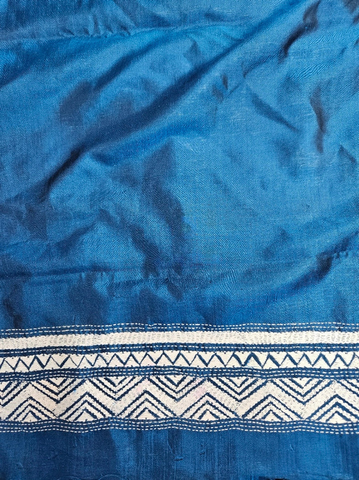 Balaram Saha: Luxury Meets Tradition - Blue & White Pure Silk Saree with Kantha Embroidery Balaram Saha