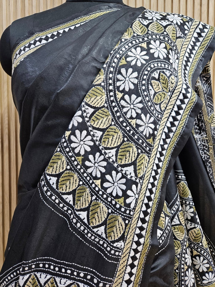 Balaram Saha: Exquisite Craftsmanship - Pure Handloom Katan Silk Handstitch Kantha Saree Balaram Saha