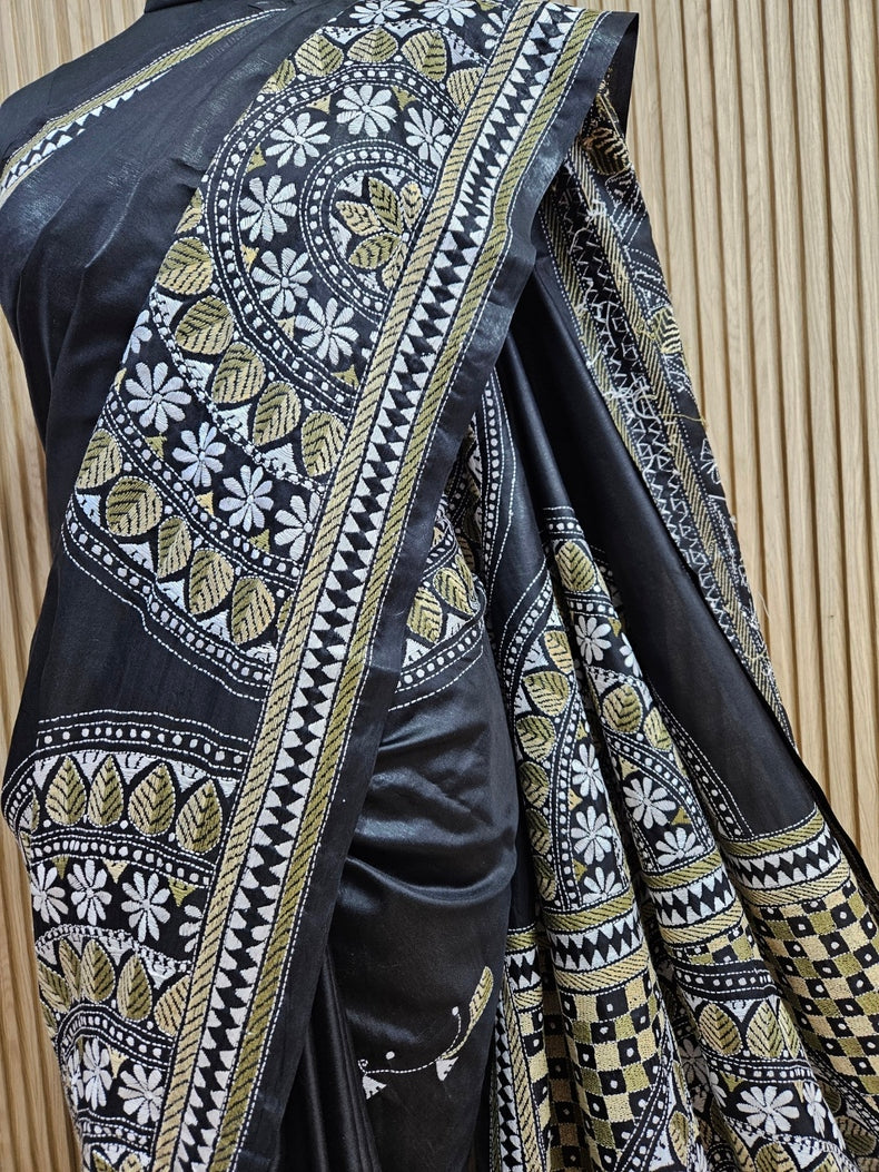 Balaram Saha: Exquisite Craftsmanship - Pure Handloom Katan Silk Handstitch Kantha Saree Balaram Saha