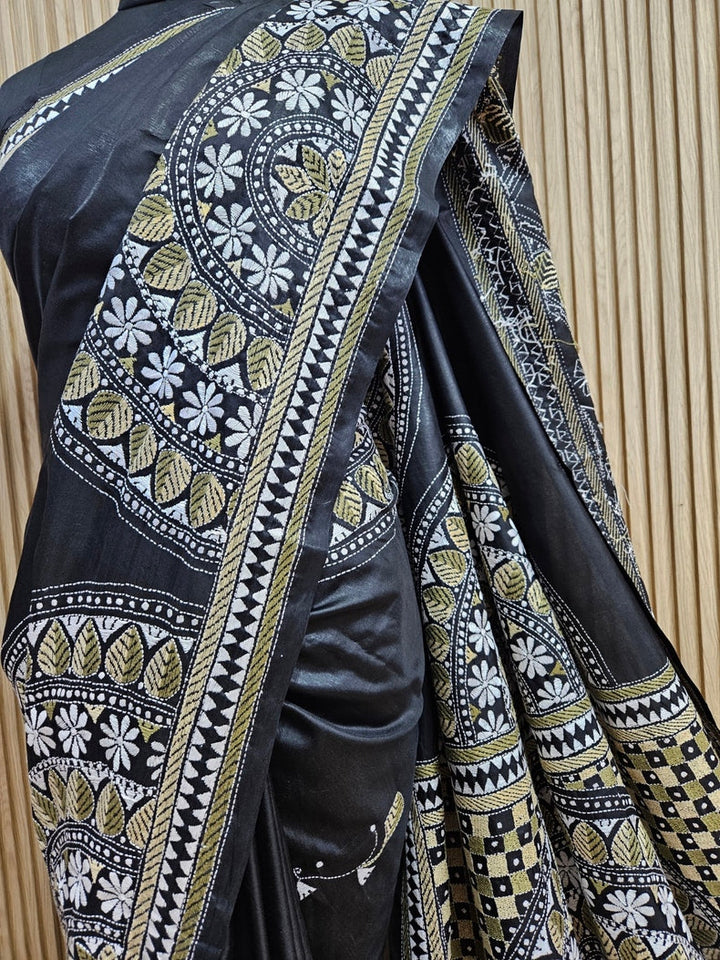 Balaram Saha: Exquisite Craftsmanship - Pure Handloom Katan Silk Handstitch Kantha Saree Balaram Saha