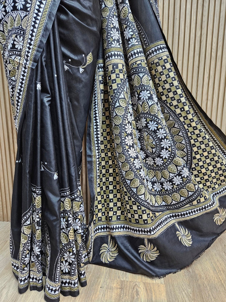 Balaram Saha: Exquisite Craftsmanship - Pure Handloom Katan Silk Handstitch Kantha Saree Balaram Saha