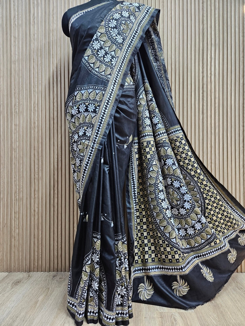 Balaram Saha: Exquisite Craftsmanship - Pure Handloom Katan Silk Handstitch Kantha Saree Balaram Saha
