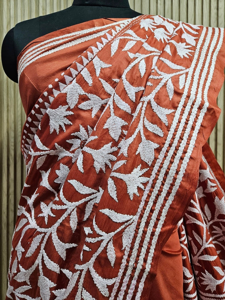 Green & Beige Handstitched Kantha Silk Saree with Floral & Paisley Motifs by Balaram Saha Balaram Saha