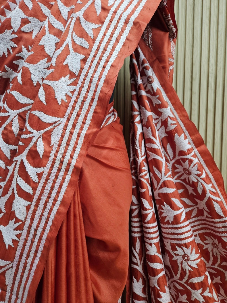 Green & Beige Handstitched Kantha Silk Saree with Floral & Paisley Motifs by Balaram Saha Balaram Saha