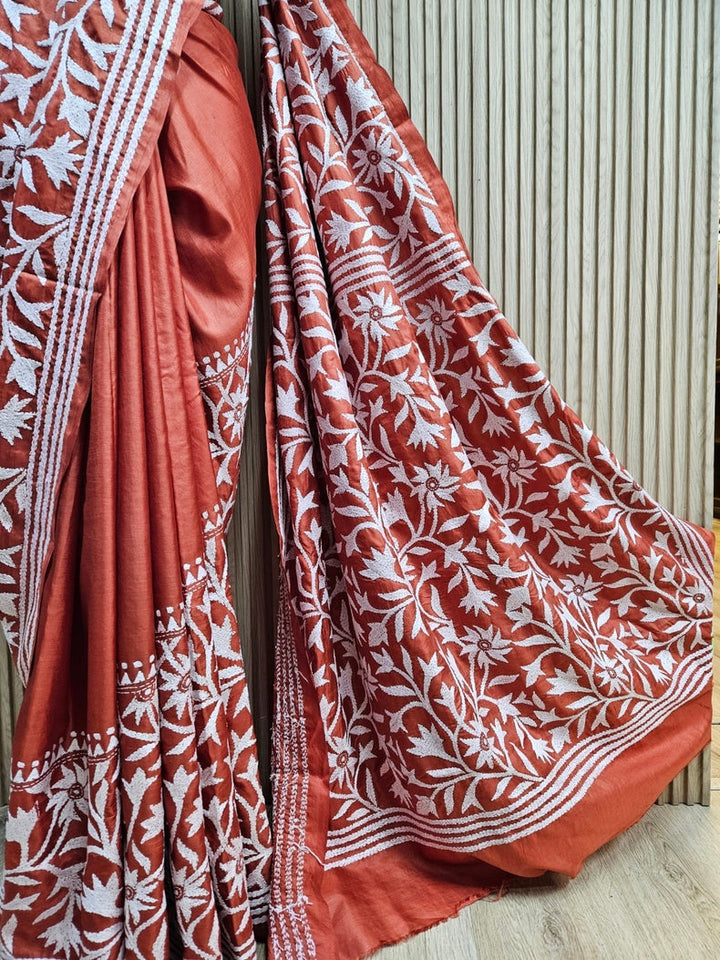 Green & Beige Handstitched Kantha Silk Saree with Floral & Paisley Motifs by Balaram Saha Balaram Saha