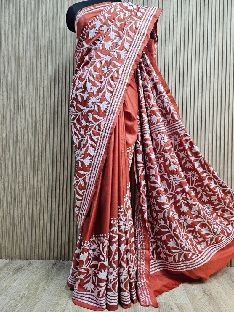 Rust & White Handstitched Kantha Silk Saree with Floral Motifs by Bala ...
