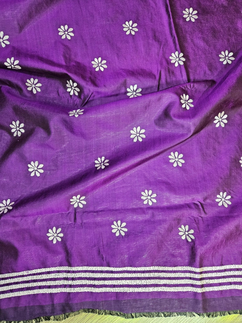 Yellow & Blue Handstitched Kantha Silk Saree with Intricate Nakshi by Balaram Saha Balaram Saha