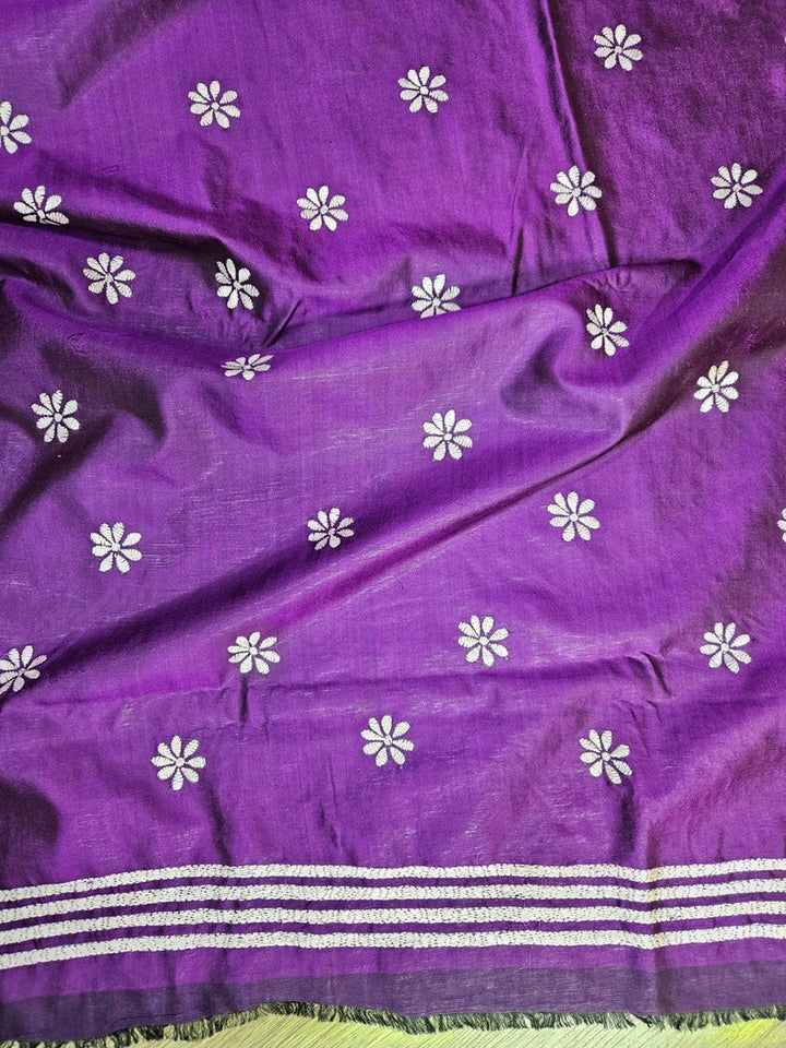 Yellow & Blue Handstitched Kantha Silk Saree with Intricate Nakshi by Balaram Saha Balaram Saha