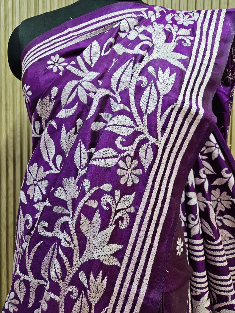 Yellow & Blue Handstitched Kantha Silk Saree with Intricate Nakshi by Balaram Saha Balaram Saha